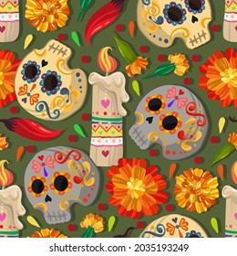 Vector illustration. Die de los muertos. The day of the Dead, Mexican holiday,hot red pepper, candles, skull, dark background, seamless pattern