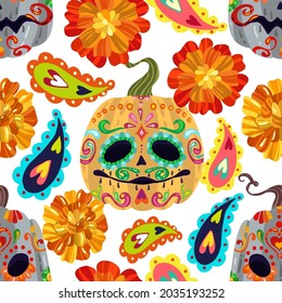 Vector illustration. Die de los muertos. The day of the Dead, Mexican holiday, festival, light background, seamless pattern