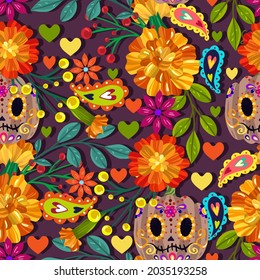 Vector illustration. Die de los muertos. The day of the Dead, Mexican holiday, festival, light  background, seamless pattern, handmade