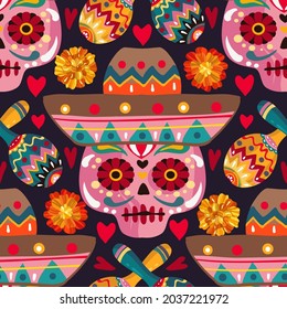 Vector illustration. Die de los muertos. The day of the Dead, Mexican holiday, festival, dark background, seamless pattern