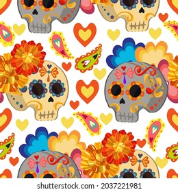 Vector illustration. Die de los muertos. The day of the Dead, Mexican holiday, festival, light  background, seamless pattern