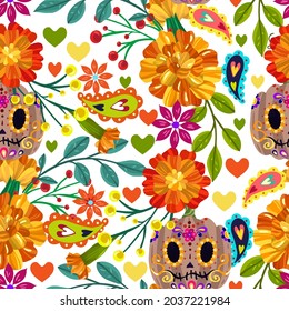 Vector illustration. Die de los muertos. The day of the Dead, Mexican holiday, festival, handmade, light  background, seamless pattern