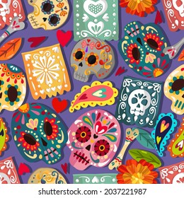 Vector illustration. Die de los muertos. The day of the Dead, Mexican holiday, festival, dark background, seamless pattern, handmade