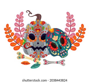 Vector illustration. Die de los muertos. The day of the Dead, Mexican holiday, festival, banner and card, handmade, print on t-shirt