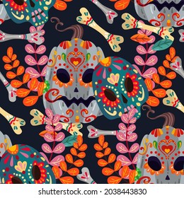 Vector illustration. Die de los muertos. The day of the Dead, Mexican holiday, festival, dark background, seamless pattern, handmade