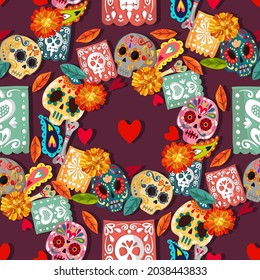 Vector illustration. Die de los muertos. The day of the Dead, Mexican holiday, festival, handmade, dark background, seamless pattern