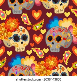 Vector illustration. Die de los muertos. The day of the Dead, Mexican holiday, festival, dark background, seamless pattern