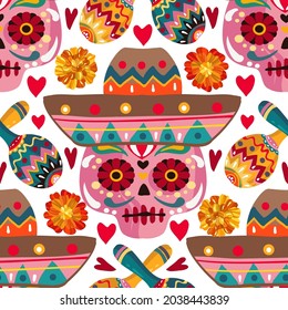 Vector illustration. Die de los muertos. The day of the Dead, Mexican holiday, festival, light background, seamless pattern