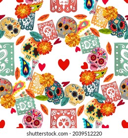 Vector illustration. Die de los muertos. The day of the Dead, Mexican holiday, festival, handmade, light background, seamless pattern