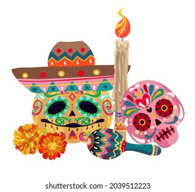 Vector illustration. Die de los muertos. The day of the Dead, Mexican holiday, festival, handmade, banner and card, print on t-shirt