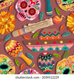 Vector illustration. Die de los muertos. The day of the Dead, Mexican holiday, festival, dark background, seamless pattern, handmade