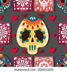 Vector illustration. Die de los muertos. The day of the Dead, Mexican holiday, festival, handmade, dark background, seamless pattern