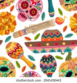 Vector illustration. Die de los muertos. The day of the Dead, Mexican holiday, festival, light  background, seamless pattern, handmade