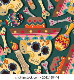 Vector illustration. Die de los muertos. Mexican holiday. The day of the Dead,  festival, handmade, dark background, seamless pattern