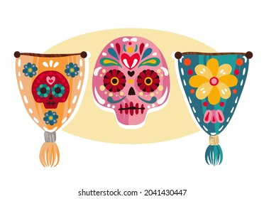 Vector illustration. Die de los muertos. Mexican holiday. The day of the Dead,  festival, handmade, print on t-shirt, banner and card