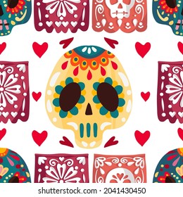 Vector illustration. Die de los muertos. The day of the Dead, Mexican holiday, festival, handmade, light background, seamless pattern