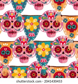 Vector illustration. Die de los muertos. Mexican holiday. The day of the Dead, festival, light  background, seamless pattern, handmade