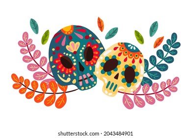 Vector illustration. Die de los muertos. Mexican holiday. The day of the Dead,  festival, print on t-shirt, handmade, banner and card