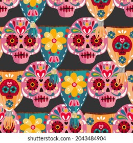 Vector illustration. Die de los muertos. Mexican holiday. The day of the Dead, festival, dark  background, seamless pattern, handmade