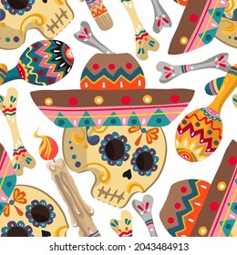 Vector illustration. Die de los muertos. Mexican holiday. The day of the Dead,  festival, handmade, light background, seamless pattern