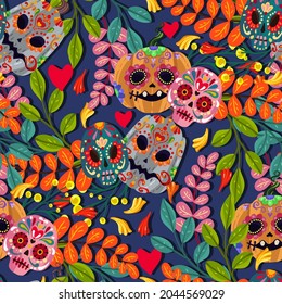 Vector illustration. Die de los muertos. Mexican holiday. The day of the Dead, festival, dark background, seamless pattern, handmade