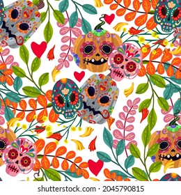 Vector illustration. Die de los muertos. Mexican holiday. The day of the Dead, festival, light background, seamless pattern, handmade