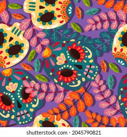 Vector illustration. Die de los muertos. Mexican holiday. The day of the Dead,  festival, dark background, seamless pattern