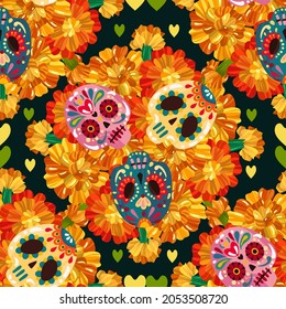 Vector illustration, Die de los muertos. The day of the Dead. Mexican holiday. festival, handmade, dark background, seamless pattern