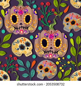 Vector illustration, Die de los muertos. The day of the Dead. Mexican holiday.  festival, dark background, seamless pattern