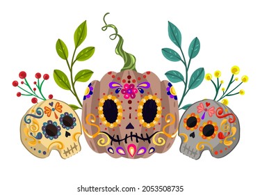 Vector illustration, Die de los muertos. The day of the Dead. Mexican holiday.  festival, handmade, print on t-shirt, banner and card