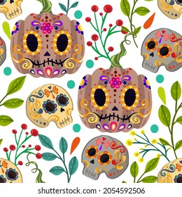 Vector illustration, Die de los muertos. The day of the Dead. Mexican holiday.  festival, light background, seamless pattern