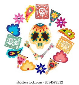 Vector illustration. Die de los muertos. The day of the Dead, Mexican holiday, festival, banner and card, print on t-shirt, handmade