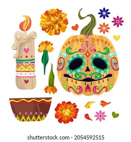 Vector illustration. Die de los muertos. The day of the Dead, Mexican holiday, festival, banner and card, set, tattoo, print on t-shirt, handmade