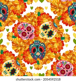 Vector illustration, Die de los muertos. The day of the Dead. Mexican holiday. festival, handmade, light background, seamless pattern