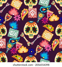 Vector illustration. Die de los muertos. The day of the Dead, Mexican holiday, festival, dark background, seamless pattern