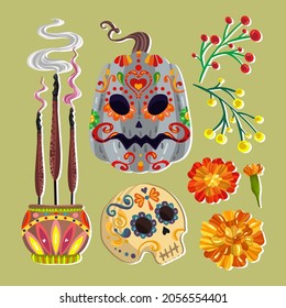 Vector illustration. Die de los muertos. The day of the Dead, Mexican holiday, pumpkins,  incense, skull, handmade, banner and card, print on t-shirt