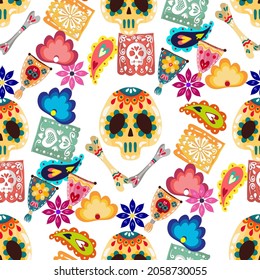 Vector illustration. Die de los muertos. The day of the Dead, Mexican holiday, festival, light  background, seamless pattern