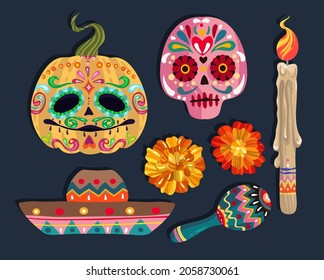 Vector illustration. Die de los muertos. The day of the Dead, Mexican holiday, festival, handmade, print on t-shirt, banner and card