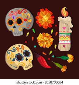 Vector illustration. Die de los muertos. The day of the Dead, Mexican holiday,hot red pepper, candles, skull, handmade, banner and card, print on t-shirt