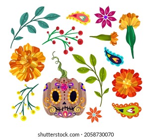 Vector illustration. Die de los muertos. The day of the Dead, Mexican holiday, festival, print on t-shirt, handmade, banner and card