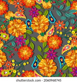 Vector illustration. Die de los muertos. The day of the Dead, Mexican holiday, festival, seamless pattern, grey  background