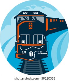 vector illustration of a Diesel Train traveling on tracks straight up