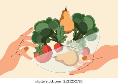 Ilustração vetorial. Dieta, frutas e verduras. Salada. Fundo, landing page, banner. Design moderno.