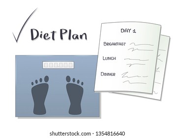 Vector illustration of diet plan with weigher and day schedule