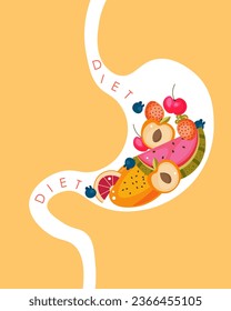 Vector illustration. Diet, stomach, fruits. Healthy eating. Design for poster, banner, postcard, infographic.