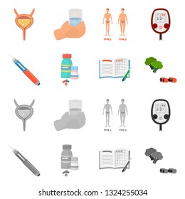 Vector illustration of diet and treatment  icon. Set of diet and medicine vector icon for stock.