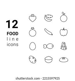 Vector illustration dietary nutrition food outline icon set - strawberry, banana, orange, tomato, cucumber, bell pepper, egg, fish, hard cheese, potato, oatmeal, bread Healthy eating concept