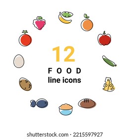 Vector illustration dietary nutrition food outline icon set - strawberry, banana, orange, tomato, cucumber, bell pepper, egg, fish, hard cheese, potato, oatmeal, bread Healthy eating concept