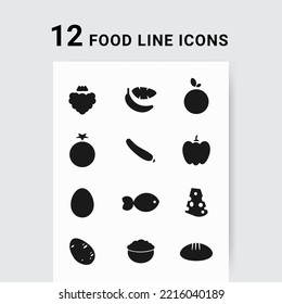 Vector illustration dietary nutrition food outline icon set - strawberry, banana, orange, tomato, cucumber, bell pepper, egg, fish, hard cheese, potato, oatmeal, bread Healthy eating concept