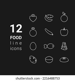 Vector illustration dietary nutrition food outline icon set - strawberry, banana, orange, tomato, cucumber, bell pepper, egg, fish, hard cheese, potato, oatmeal, bread on black background